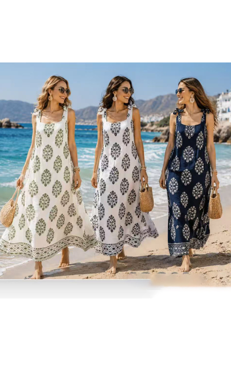 Maxi Αέρινο Φόρεμα με Ethnic Μενταγιόν Μοτίβο & Τιράντες που Δένουν-26787