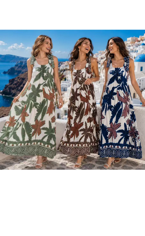 Maxi Αέρινο Φόρεμα με Tropical Botanical Μοτίβο & Τιράντες που Δένουν-26756