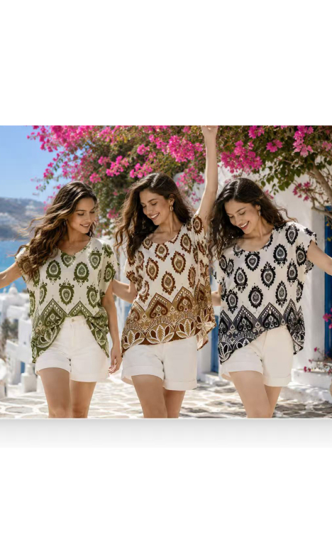 Αέρινη Μπλούζα Καφτάνι με Ethnic Μενταγιόν Μοτίβο & V Λαιμόκοψη-2826