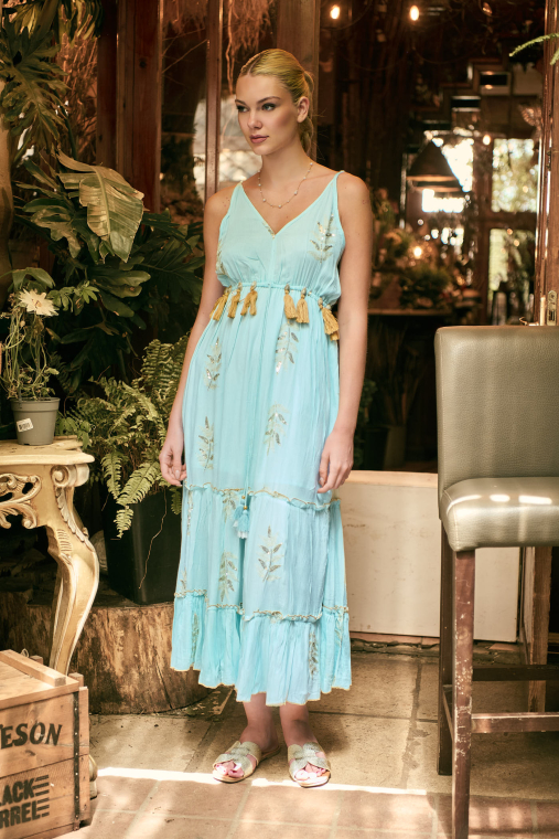 Maxi Boho Φόρεμα με Χρυσό Botanical Μοτίβο & Διακοσμητικές Φούντες-4528B