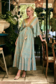 Maxi Boho Πετρόλ Φόρεμα με Ethnic Γεωμετρικό Μοτίβο, Καμπάνα Μανίκια & Χρυσές Λεπτομέρειες-17032B