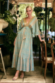 Maxi Boho Πετρόλ Φόρεμα με Ethnic Γεωμετρικό Μοτίβο, Καμπάνα Μανίκια & Χρυσές Λεπτομέρειες-17032B
