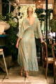 Maxi Boho Πετρόλ Φόρεμα με Ethnic Γεωμετρικό Μοτίβο, Καμπάνα Μανίκια & Χρυσές Λεπτομέρειες-17032B