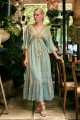 Maxi Boho Πετρόλ Φόρεμα με Ethnic Γεωμετρικό Μοτίβο, Καμπάνα Μανίκια & Χρυσές Λεπτομέρειες-17032B