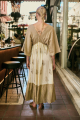 Maxi Boho Φόρεμα με Κεντητό Μπούστο, Φαρδιά Μανίκια & Botanical Print-4530