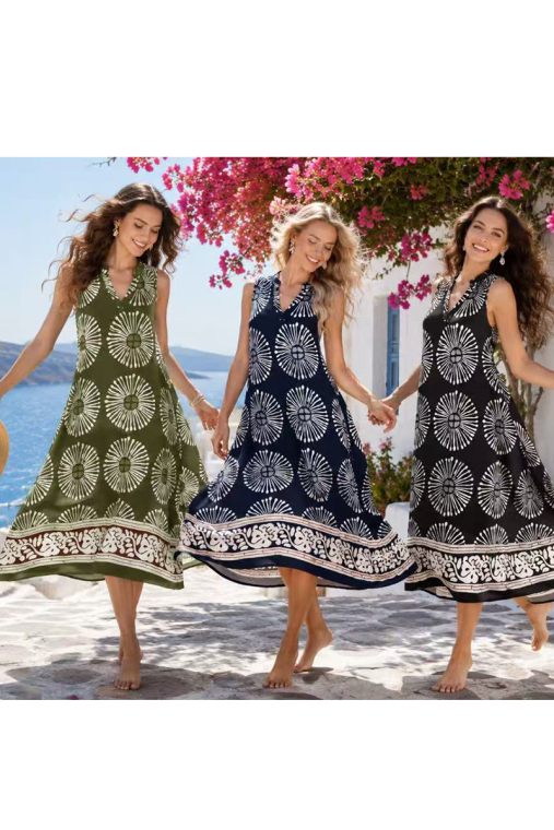 Midi Αέρινο Boho Φόρεμα Αμάνικο με Γεωμετρικό Sunburst Print & Ethnic Τρέσα-26739