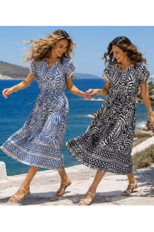 Midi Boho Φόρεμα με V Ντεκολτέ, Ethnic Paisley Print & Κορδόνι στη Μέση-26772