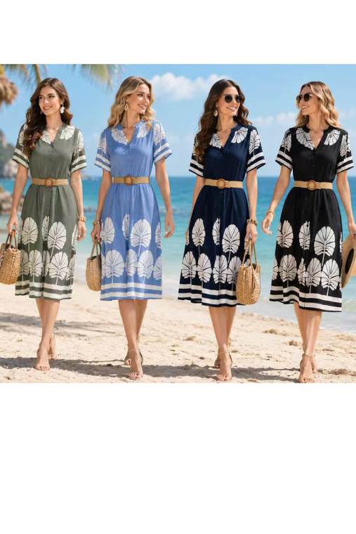 Midi Αέρινο Φόρεμα Shirt-Dress με Tropical Botanical Print & Ψάθινη Ζώνη-26390