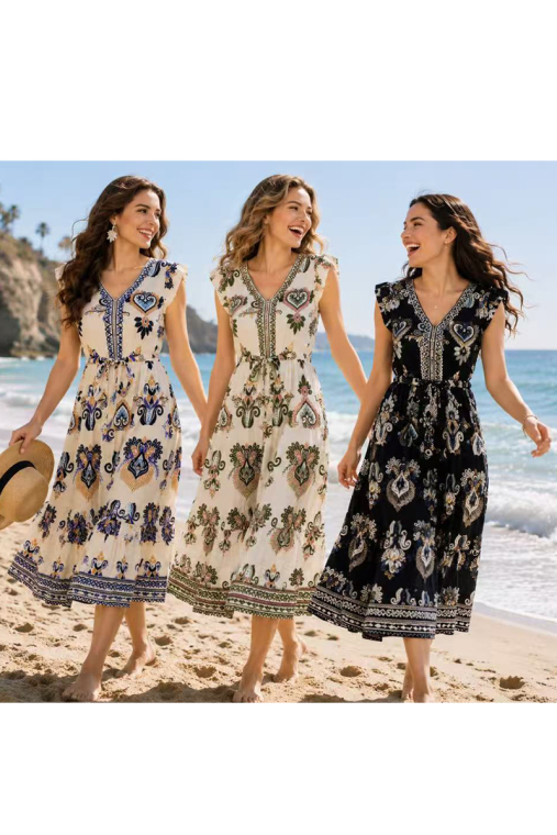 Midi Boho Φόρεμα με V Ντεκολτέ, Ethnic Ornamental Print & Κορδόνι στη Μέση-26397