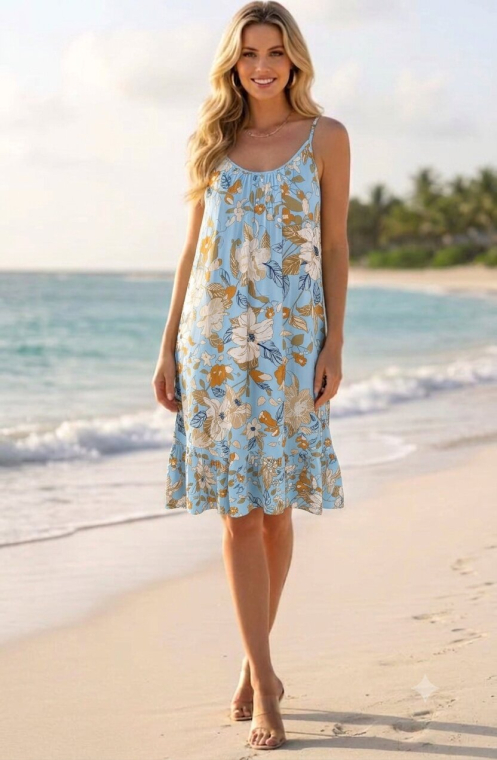 Midi Αέρινο Φόρεμα με Τιράντες, Floral Print & Βολάν στο Στρίφωμα-FG-7133B