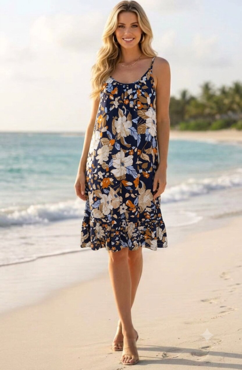Midi Αέρινο Φόρεμα με Τιράντες, Floral Print & Βολάν στο Στρίφωμα-FG-7133G
