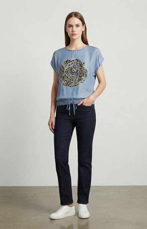 Ανάλαφρο Denim Look Τοπ Με Leopard Rose Stamp Και Κορδόνι-4539