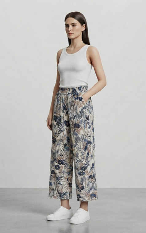 Ψηλόμεση Αέρινη Παντελόνα Κυλότ Με Floral Print Στην Απόχρωση Του Μπεζ Και Μπλε-4540