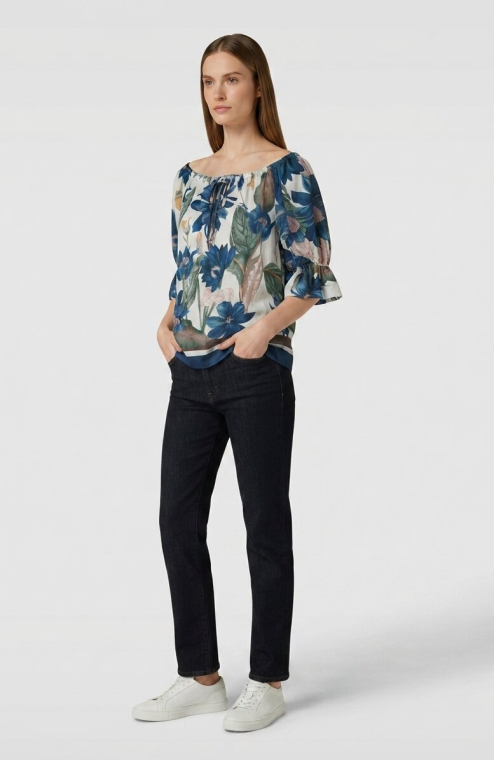 Floral Off-Shoulder Μπλούζα Με Μανίκια Τρία Τέταρτα Σε Λευκό Και Μπλε-4543