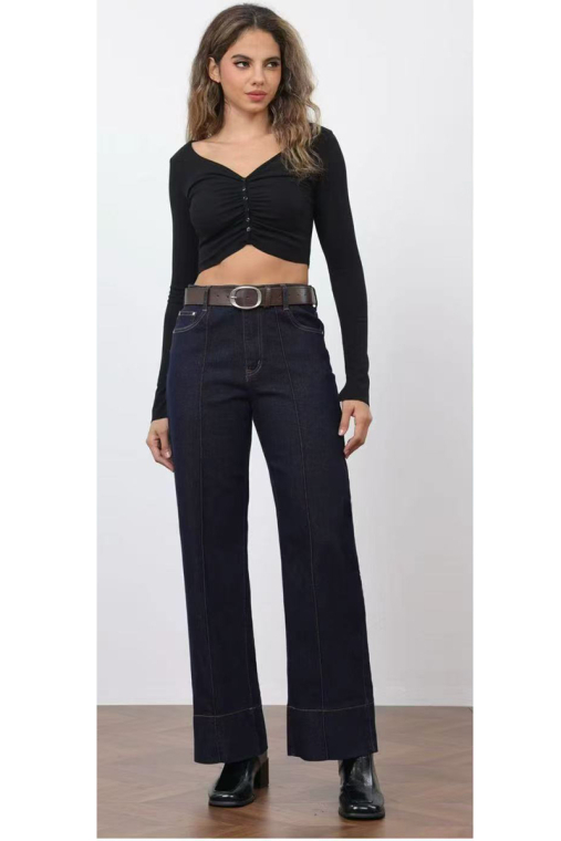 Ψηλόμεσο Wide-Leg Τζιν Παντελόνι Με Ραφή Μπροστά & Φαρδύ Ρεβέρ Σε Σκούρο Μπλε-MG7891F/72