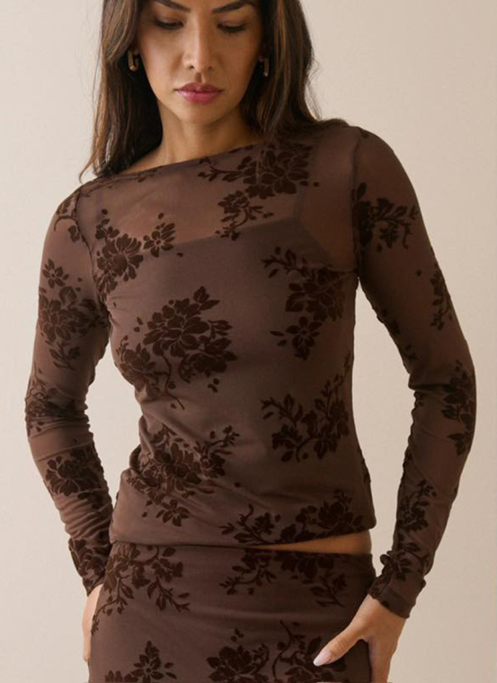 Διαφανής Μπλούζα Mesh Με Ανάγλυφο Βελουτέ Floral Σχέδιο-49893