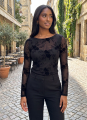 Διάφανη Mesh Μπλούζα Με Floral Βελουτέ Μοτίβο-49893