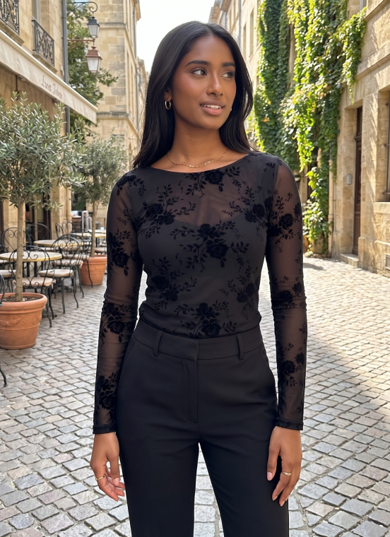 Διάφανη Mesh Μπλούζα Με Floral Βελουτέ Μοτίβο-49893