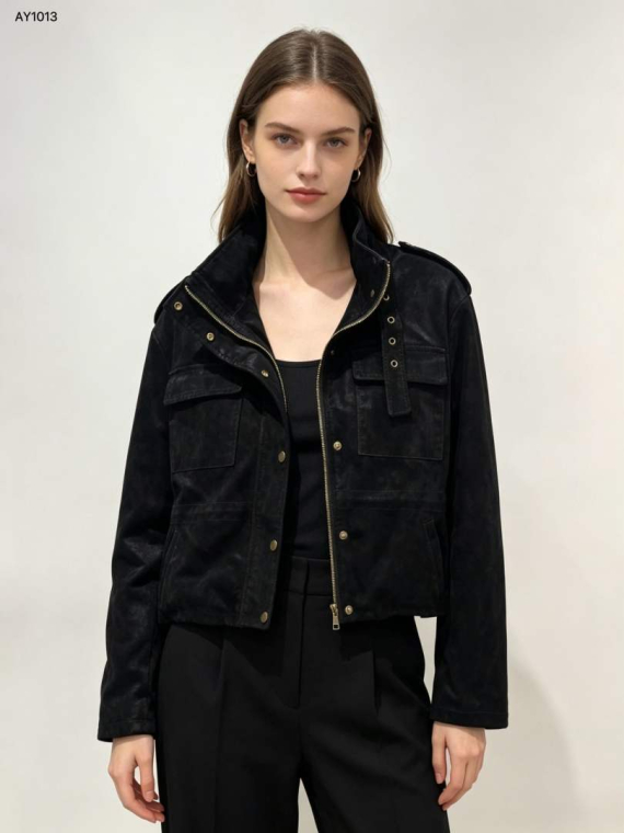 Σουέτ Safari Jacket Σε Στυλ Utility Με Τσέπες & Όρθιο Γιακά-AY1013