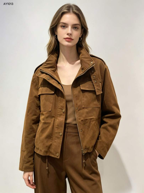 Σουέτ Safari Jacket Σε Στυλ Utility Με Τσέπες & Όρθιο Γιακά-AY1013