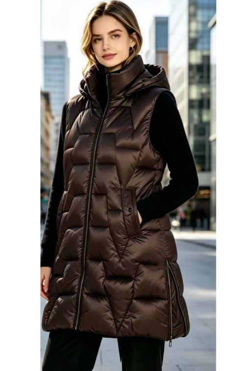 Μακρύ Puffer Αμάνικο Μπουφάν Με Σατινέ Όψη & Πλαϊνά Φερμουάρ-9110