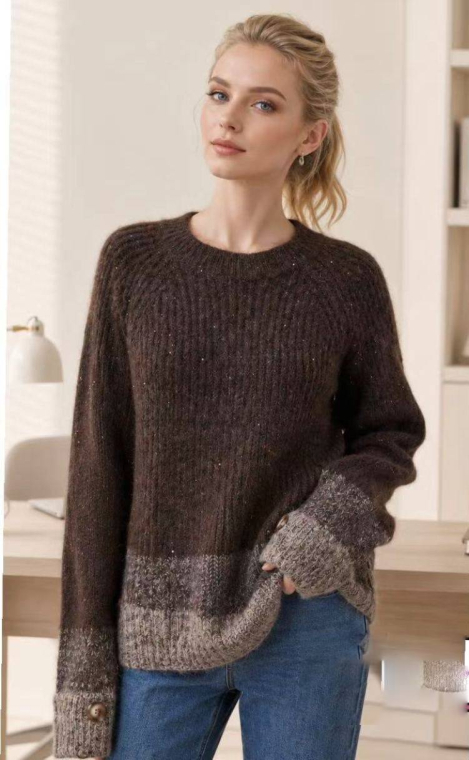 Μάλλινο Πλεκτό Πουλόβερ V-Neck Με Διακριτικές Παγιέτες & Colorblock Τελείωμα-B86705