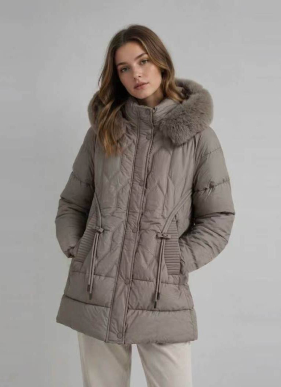 Midi Puffer Μπουφάν Με Ριμπ Πλαϊνά, Κορδόνι Στη Μέση & Κουκούλα Faux Fur-A27002