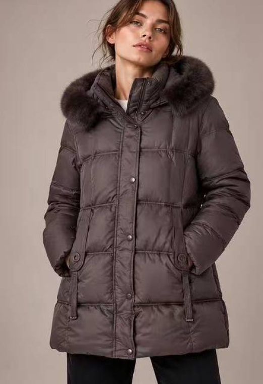 Midi Puffer Μπουφάν Με Τετράγωνο Καπιτονέ & Κουκούλα Faux Fur-A26903