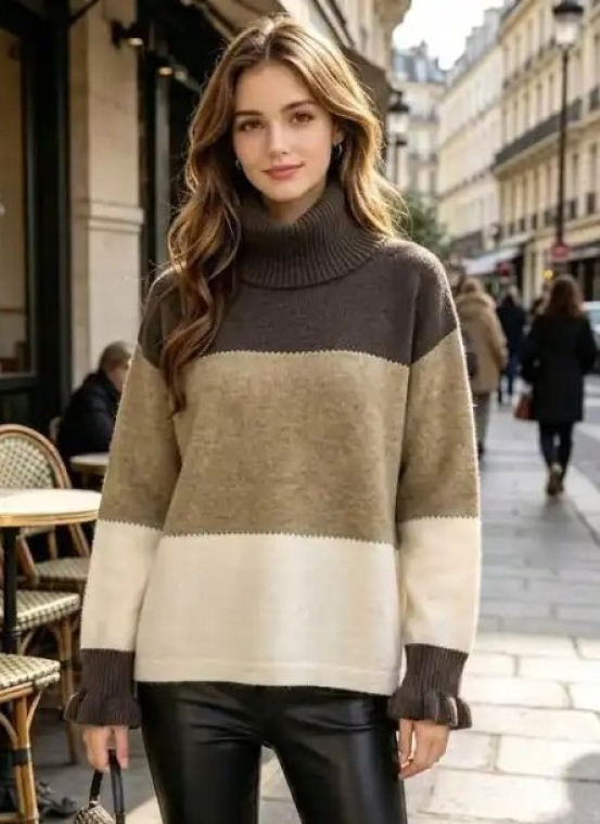 Τρίχρωμο Πλεκτό Ζιβάγκο Με Colorblock Φάσες & Μανσέτες Με Βολάν-P1502