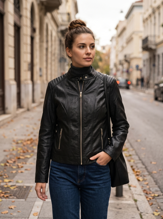 Δερμάτινο Biker Τζάκετ Με Καπιτονέ Ώμους & Όρθιο Γιακά-1955